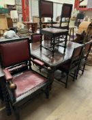 A 19th century carved oak dining suite comprising an extending dining table with two leaves and