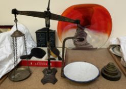 A Svaja art glass bowl together with a part dressing table set, scales,