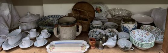 A Japanese part tea set together with Mintons Haddon Hall bowls, large stoneware loving cup,