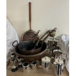 A twin handled copper preserve pan together with copper saucepans, electroplated goblets,