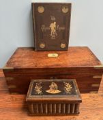 A 19th century inlaid puzzle box in the form of a bookshelf together with a mahogany laptop desk