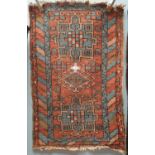 A rug with a blue ground decorated with two medallions and stars to multiple guard stripes,