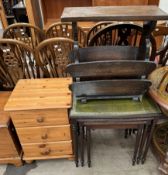 A pine bedside chest together with a magazine rack and a nest of three tables