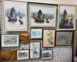 Three oil paintings of Chinese junks, together with inlaid panels,