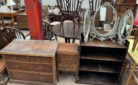 A chest of drawers together with an oak sewing table,