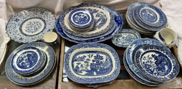 A Japanese porcelain blue and white plate together with assorted blue and white pottery plates etc