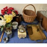 A brass twin handled tray together with a copper jug, copper jardinieres, biscuit barrel, basket,