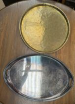 An electroplated twin handled tray together with a brass tray