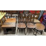 Two oak nests of three tables together with a set of four wheel back dining chairs,