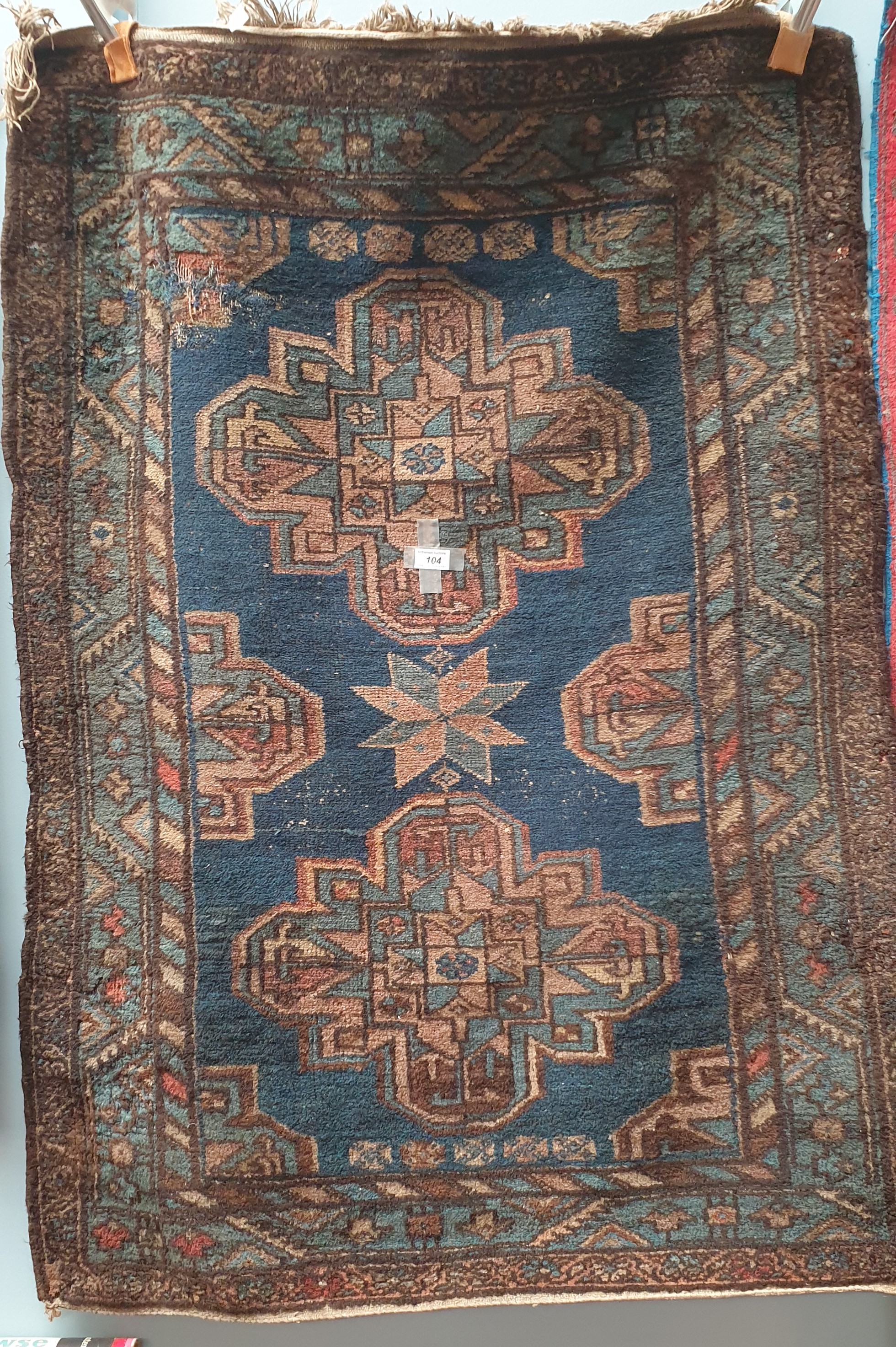 A rug with a blue ground decorated with two medallions and stars to multiple guard stripes, - Image 3 of 6