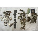 Assorted coins including 1964 Liberty half dollars, 1922, Silver Dollar, Churchill crowns,