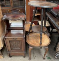 A walnut coal purdonium together with a two tier occasional table and a walnut occasional table