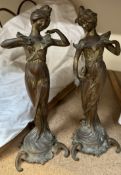 A pair of spelter figures of Art Nouveau maidens stamped Bonnefond