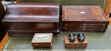 A mahogany table top cabinet with a domed top together with a rosewood inlaid jewellery box,