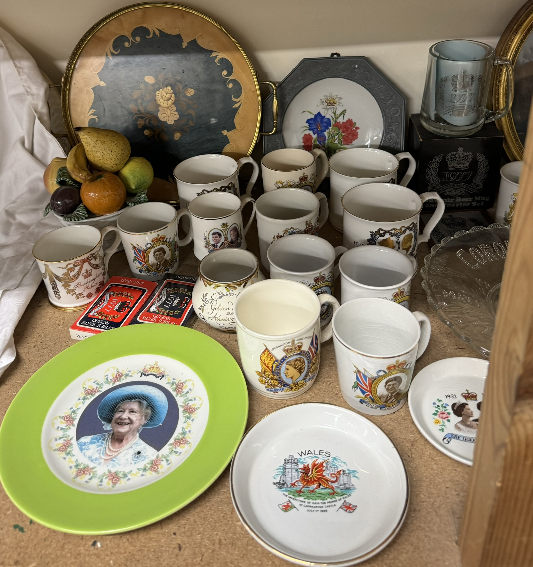 A Wedgwood pottery teapot together with commemorative china, oval portrait prints, oil lamp, tray, - Image 5 of 5