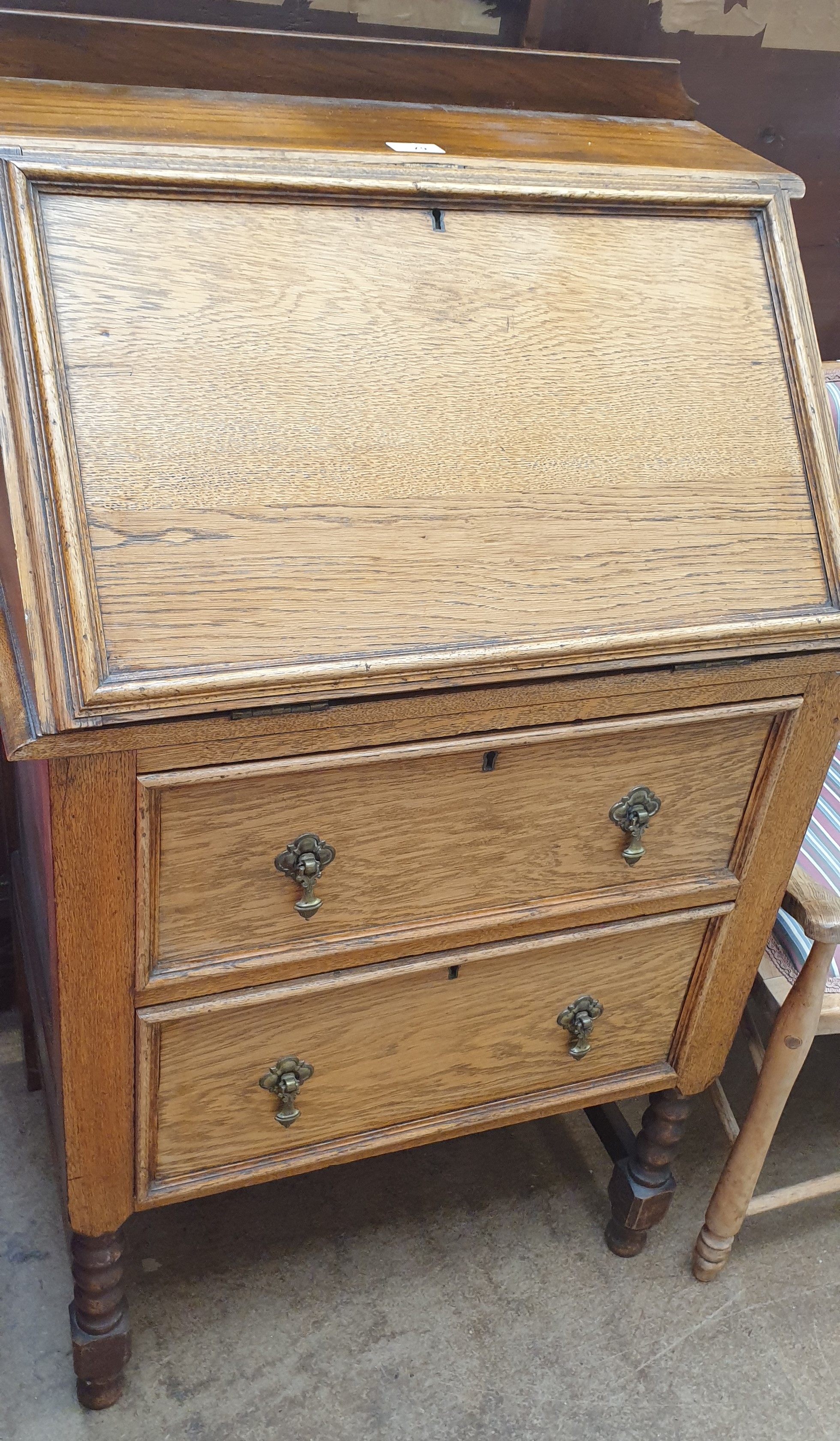 An oak bureau together with a bedroom chair and an upholstered Edwardian elbow chair - Image 2 of 4