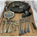 A copper twin handled tray together with an aluminium ashtray for the Searchlight Regiment,