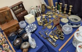 A miniature dresser together with jewellery cabinets, bowls, brass candlesticks, pottery figures,