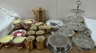A Price wood effect part tea set together with a Sutherland Bone china part tea set & electroplated