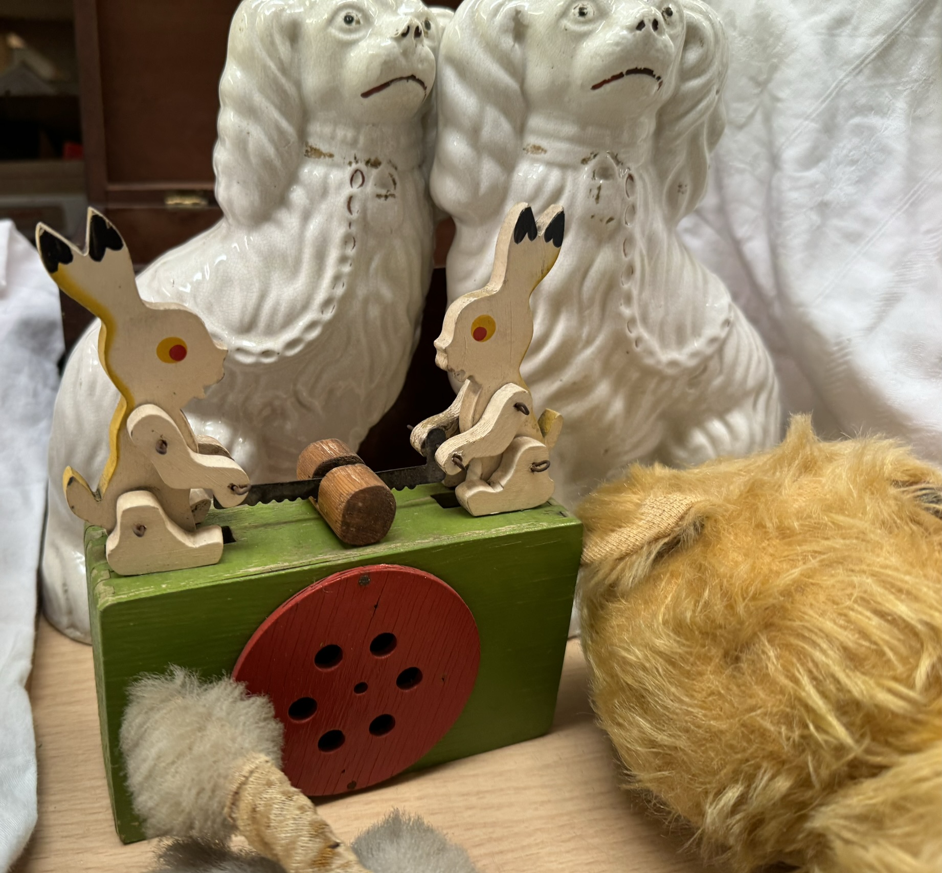 A wooden toy depicting two rabbits sawing together with an automaton dog, a teddy bear, - Image 3 of 3