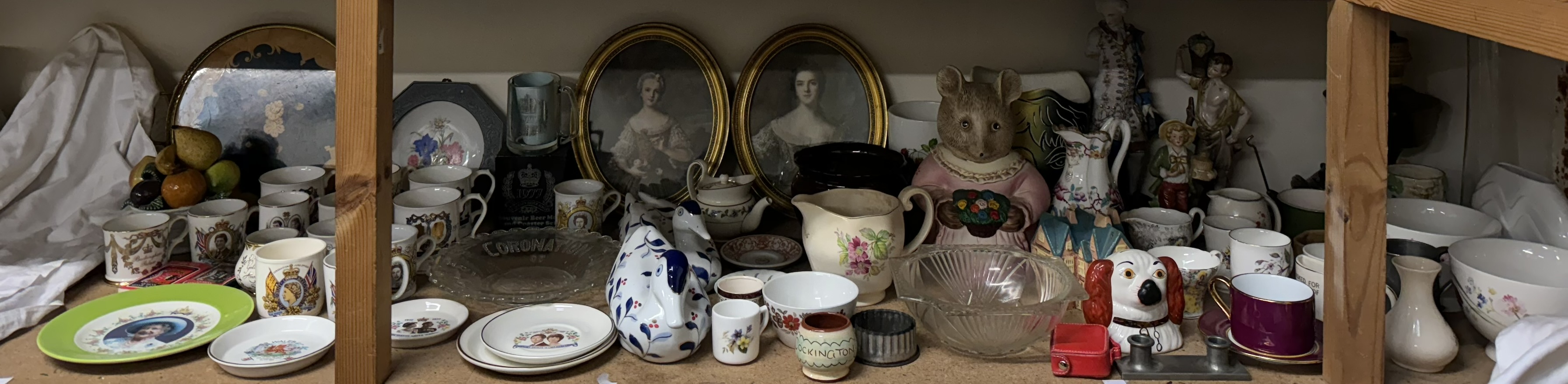 A Wedgwood pottery teapot together with commemorative china, oval portrait prints, oil lamp, tray,