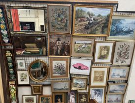 A set of three framed tile pictures of floral displays together with mirrors and a large quantity