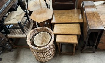 A Sutherland table together with a nest of three oak tables, an occasional table,
