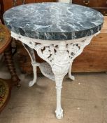 A pub table with a faux marble top and cast iron base with Britannia figures