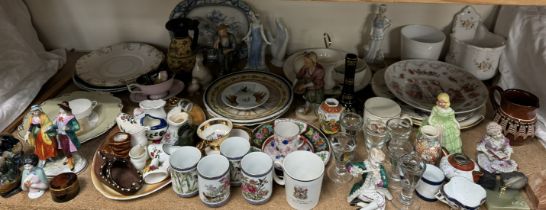 Penny lick / toastmaster glasses together with pottery figures, Chinese figures, pin cushion doll,