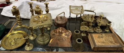 A marquetry jewellery casket together with brass andirons, brass candlesticks, brass kettle,