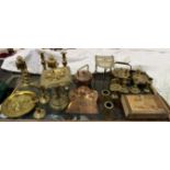 A marquetry jewellery casket together with brass andirons, brass candlesticks, brass kettle,