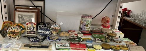 Real Ale pump clips together with cigarette cards, various tins, coins, framed prints,