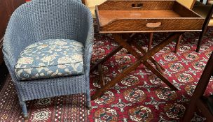 An oak butlers tray on stand together with a painted loom chair