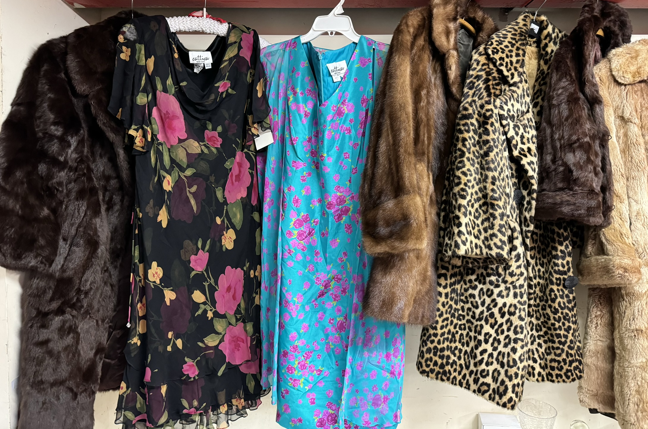 Two Cattiva 100% Silk dresses size 12 together with fur and faux fur coats - Image 2 of 3