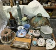 A Studio pottery pot and cover together with a studio pottery vase, pottery jugs,