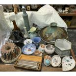 A Studio pottery pot and cover together with a studio pottery vase, pottery jugs,