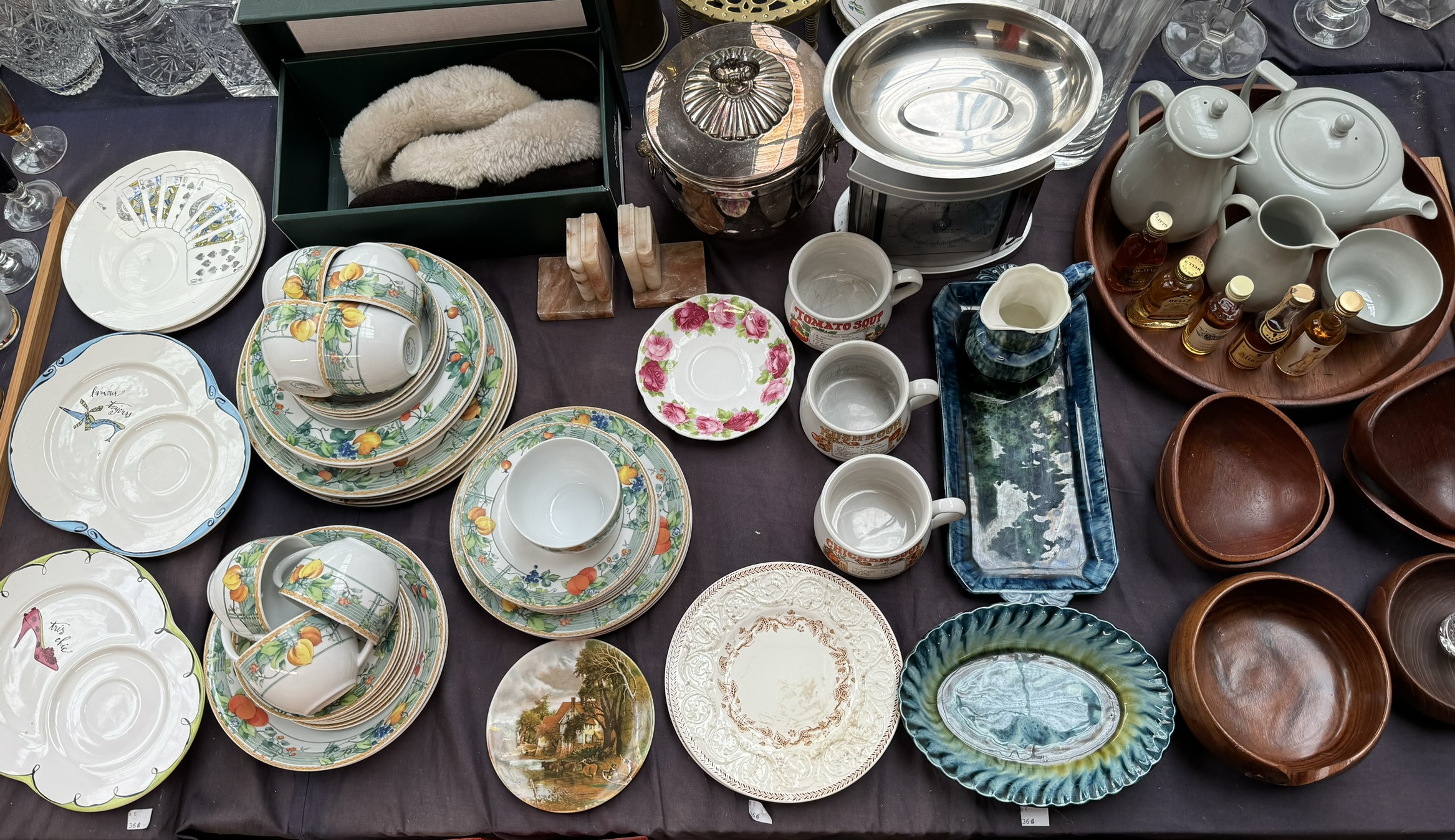 A Wedgwood Home part dinner set together with assorted pottery, treen bowls, scales, glass vase,
