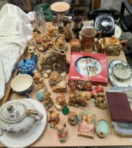 A collection of Pendelphin figures, together with a bakelite telephone, Ewenny jugs, plates, coins,