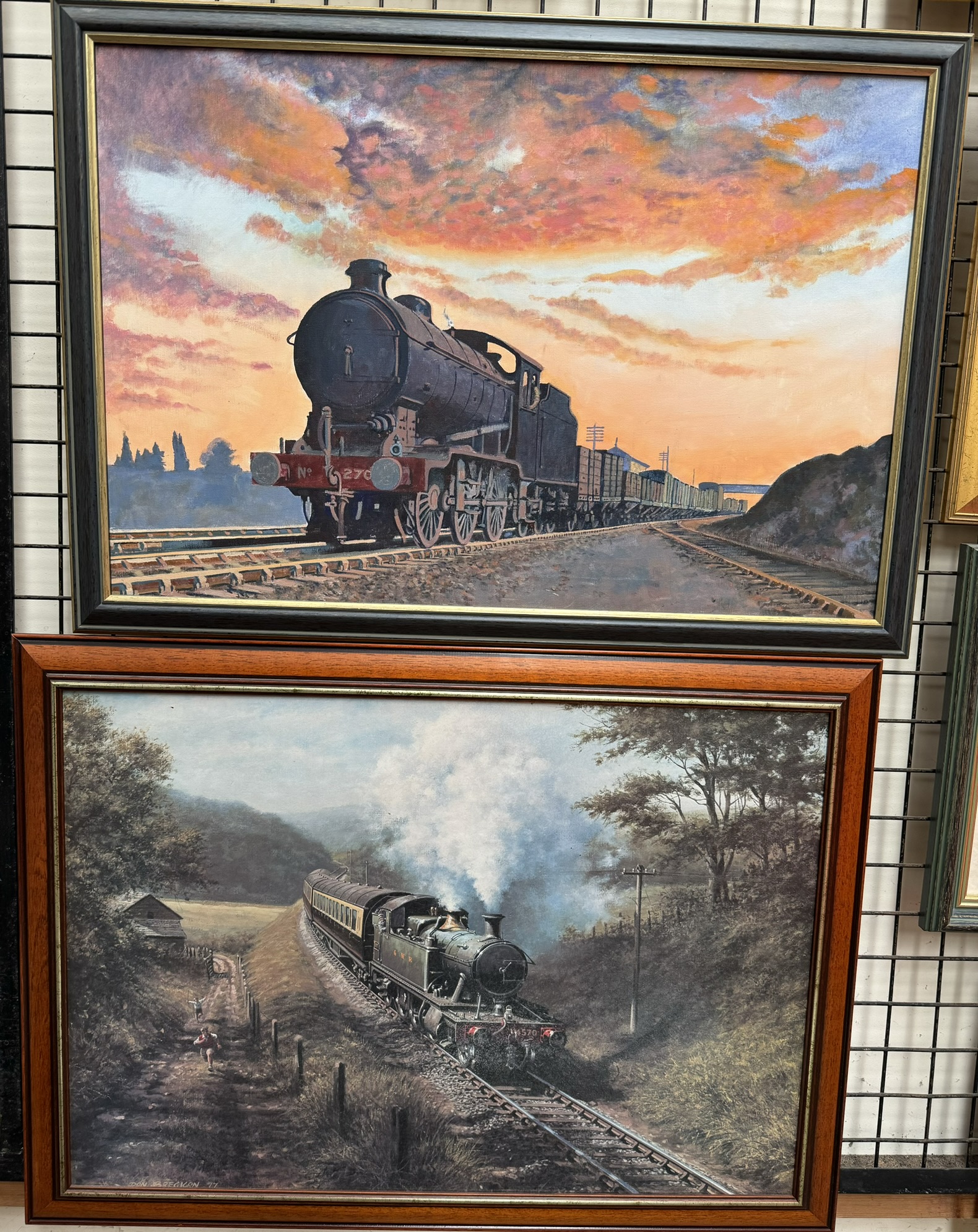 H Blagden A Steam train and carriages Oil on canvas Signed verso Together with a Don Breckon train