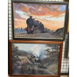 H Blagden A Steam train and carriages Oil on canvas Signed verso Together with a Don Breckon train