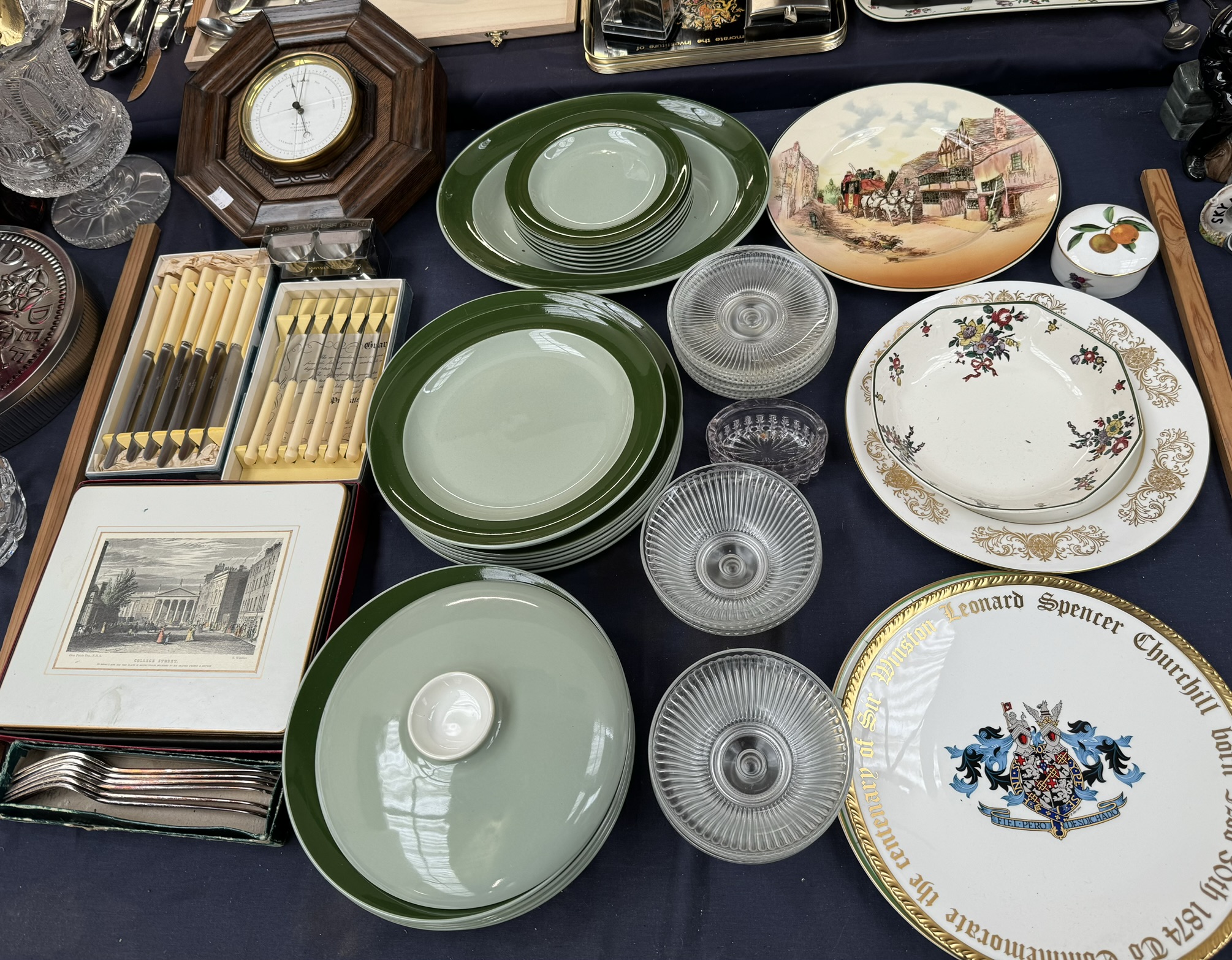 An aneroid barometer together with a Wedgwood part dinner set, Royal Doulton series ware plate,