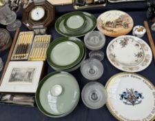 An aneroid barometer together with a Wedgwood part dinner set, Royal Doulton series ware plate,