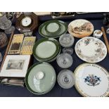 An aneroid barometer together with a Wedgwood part dinner set, Royal Doulton series ware plate,