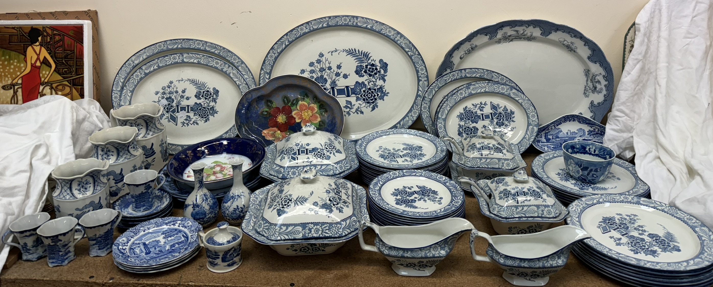 A Woods Ware Wincanton part dinner service together with other blue and white pottery,