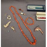 A hardstone beaded necklace together with a matching bracelet, hat pins, brooches,