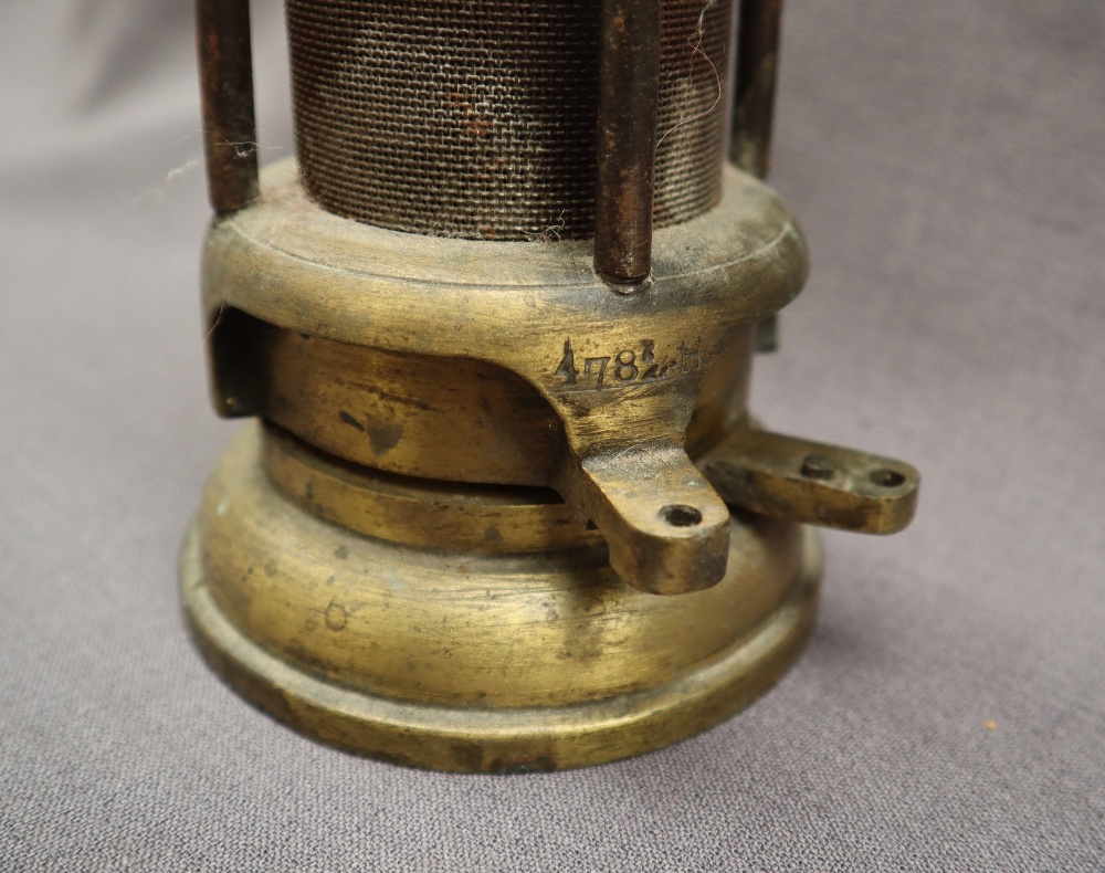 A brass Davy Miners lamp with a domed brass top and mesh screen, with glass interior, - Image 3 of 12