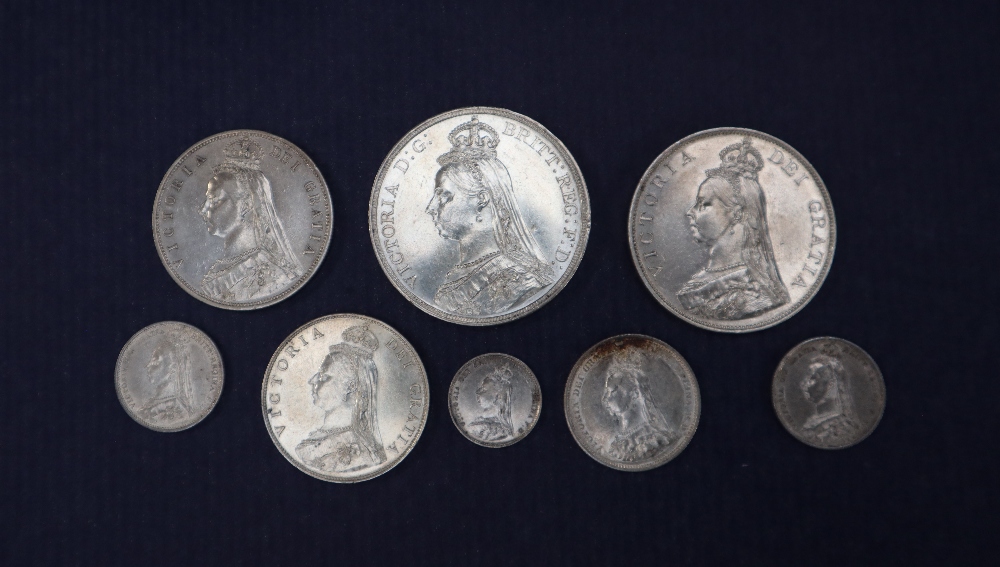 A collection of Victorian Golden Jubilee silver coins dated 1887, including a crown, double florin, - Image 2 of 2