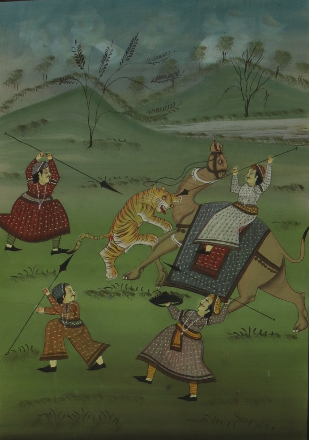 20th century Indian School A tiger attacking a camel and hunters Watercolour 49 x 36cm