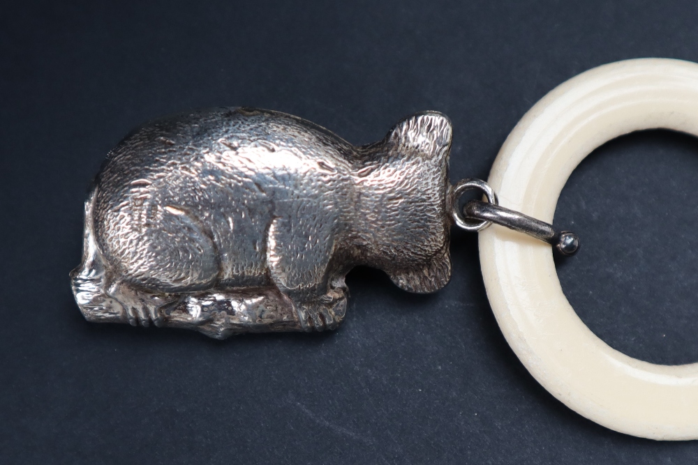 An Elizabeth II silver koala bear baby's rattle with plastic teether ring, Birmingham, - Image 3 of 7