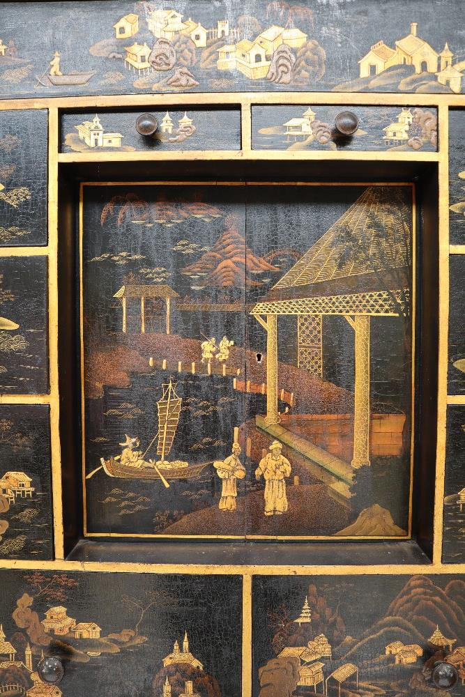 A 19th century Japanned cabinet on stand with Chinoiserie decoration of dignitaries in a landscape, - Image 4 of 12